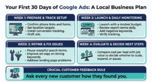 Four-week Google Ads launch plan for local businesses in Columbia, TN